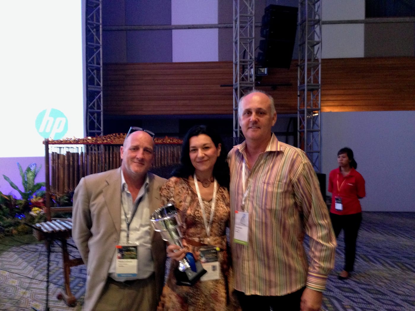 Rodney and Sharon with Bruce Caldwell, collecting the HP Digital Print Excellence Award in Japan, 2014